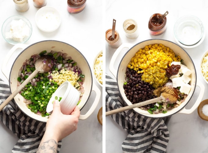 A collage of photos showing how to make veggie enchiladas