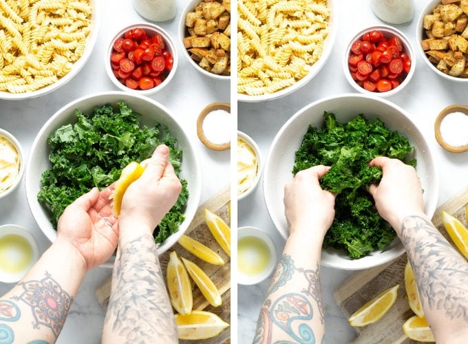 Collage of photos showing how to make Kale Caesar Pasta Salad