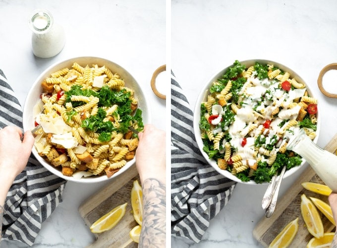 Collage of photos showing how to make Kale Caesar Pasta Salad