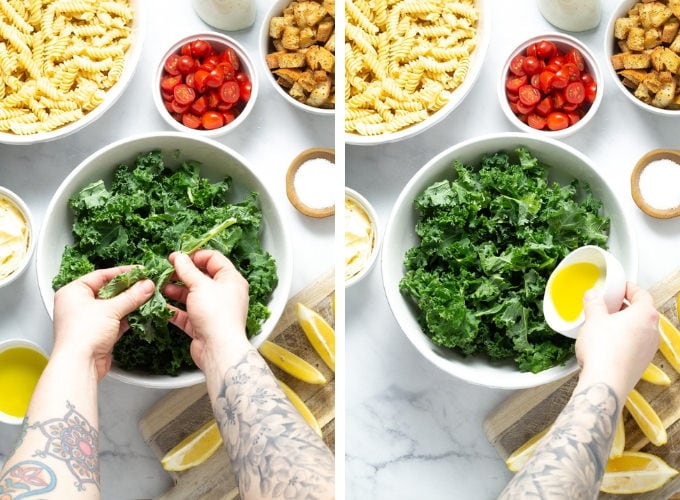 Collage of photos showing how to make Kale Caesar Pasta Salad