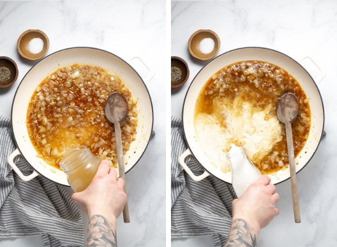 Collage of photos showing how to make one pot lemon garlic rigatoni