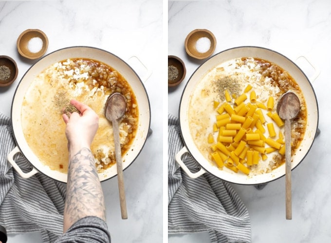 Collage of photos showing how to make one pot lemon garlic rigatoni