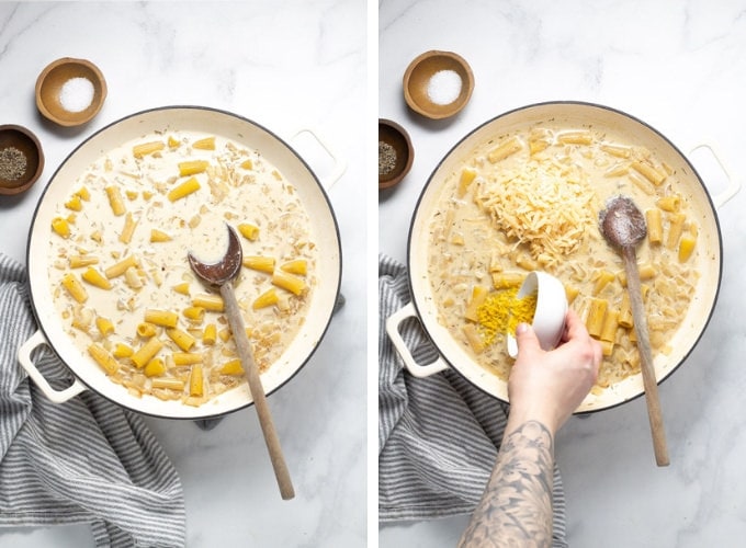 Collage of photos showing how to make one pot lemon garlic rigatoni