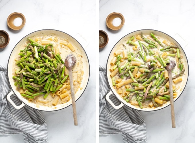 Collage of photos showing how to make one pot lemon garlic rigatoni