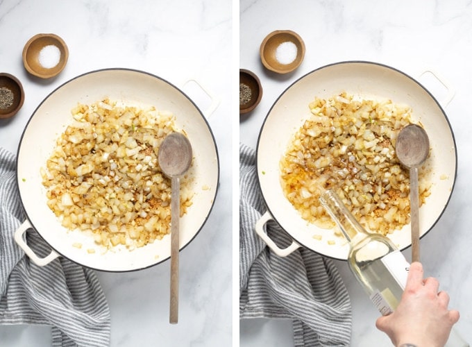 Collage of photos showing how to make one pot lemon garlic rigatoni