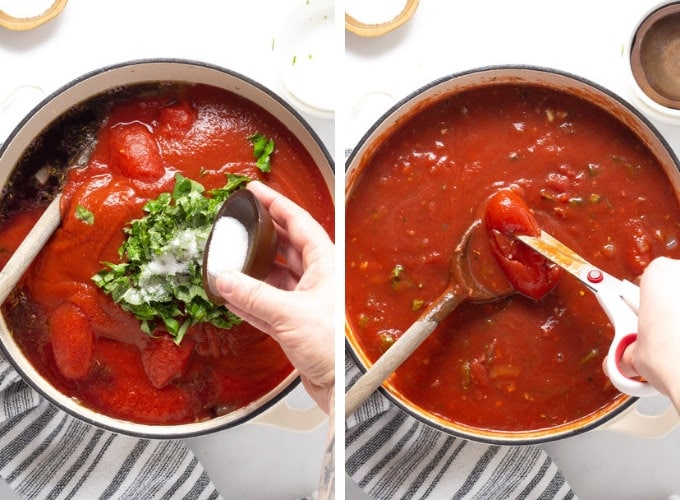 Collage of photos showing how to make spaghetti sauce
