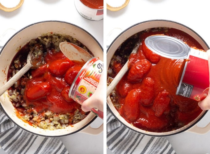 Collage of photos showing how to make spaghetti sauce