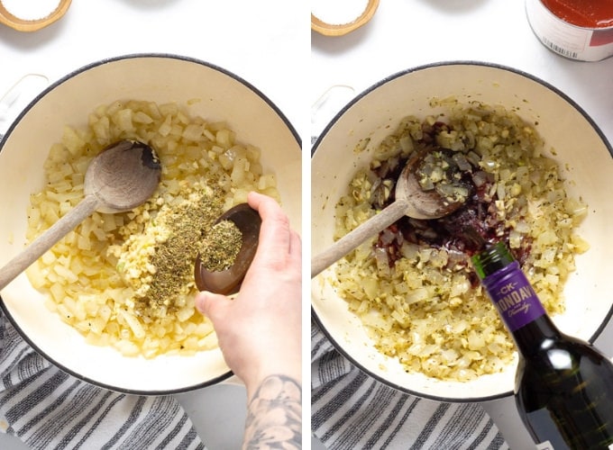 Collage of photos showing how to make spaghetti sauce