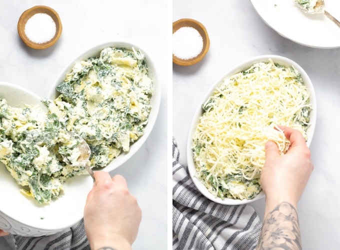 Collage of photos showing how to make spinach and artichoke dip