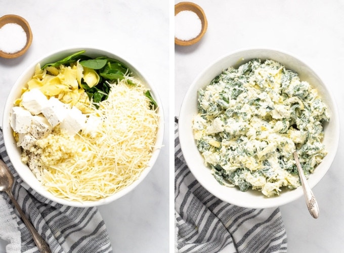 Collage of photos showing how to make spinach and artichoke dip