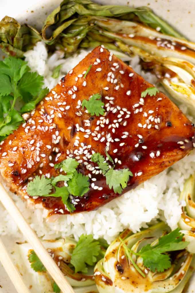 Overhead shot of Asian salmon in a bowl with rice and bok choy