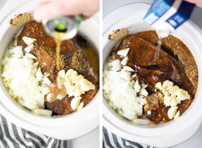 Collage of photos showing how to make slow cooker beer braised pork carnitas