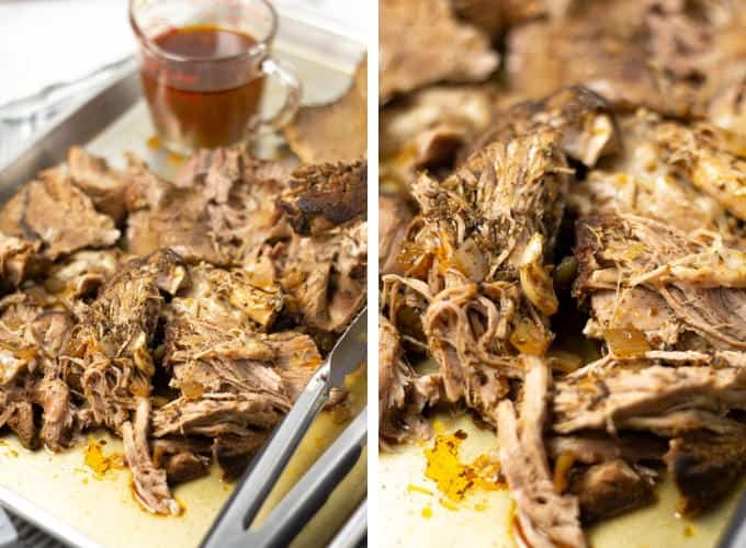 Collage of photos showing how to make slow cooker beer braised pork carnitas