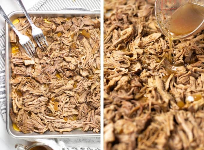 Collage of photos showing how to make slow cooker beer braised pork carnitas