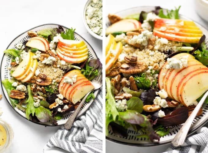Collage of photos of apple pecan salad with crumbled Gorgonzola and quinoa