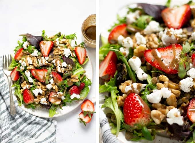 Collage of photos showing a strawberry salad with goat cheese and balsamic vinaigrette