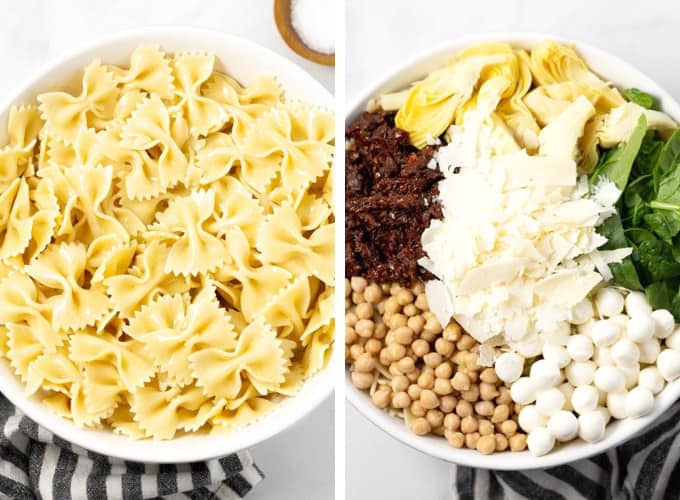 Collage of photos showing how to make sun dried tomato salad