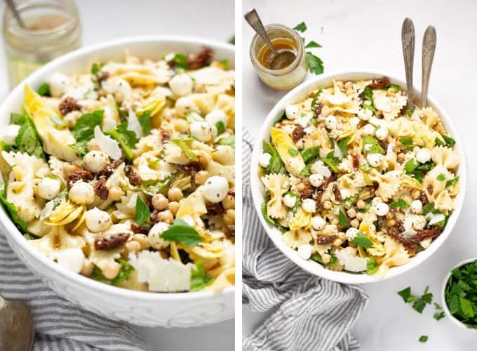 Collage of photos showing a bowl pasta salad garnished with fresh parsley