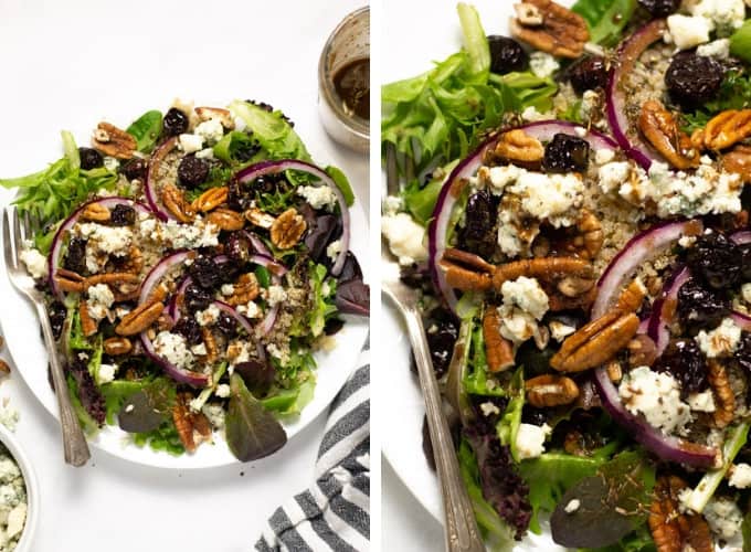 Collage of photos of a dried cherry salad with Gorgonzola cheese and red onions