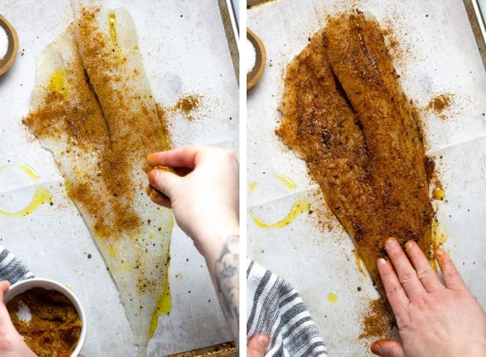 Collage of photos showing how to make baked fish tacos