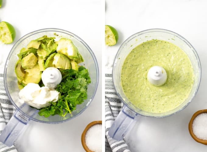 Collage of photos showing how to make creamy cilantro sauce for flautas