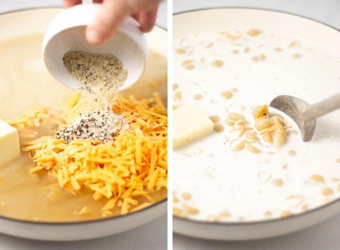 Collage of photos showing how to make one pot macaroni and cheese