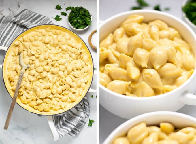 Collage of photos showing a large pot of mac and cheese and a bowl of mac and cheese