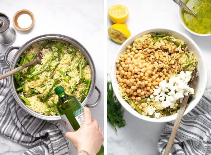 Collage of photos showing how to make orzo pasta salad