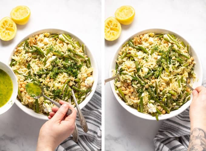 Collage of photos showing how to make orzo pasta salad