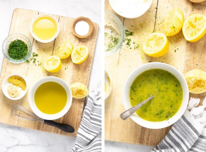 Collage of photos showing how to make orzo pasta salad
