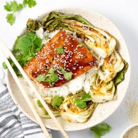 Overhead shot of Asian salmon in a bowl with rice and bok choy