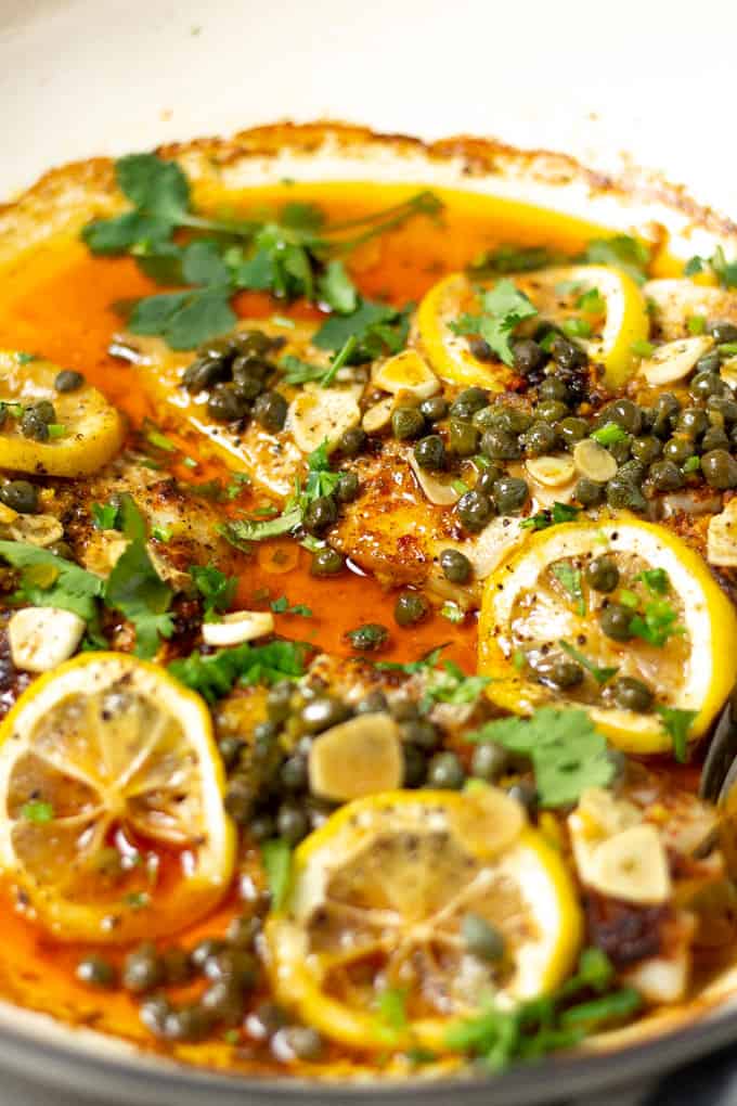 Close up shot of a pot filled with baked Mediterranean cod garnished with fresh cilantro