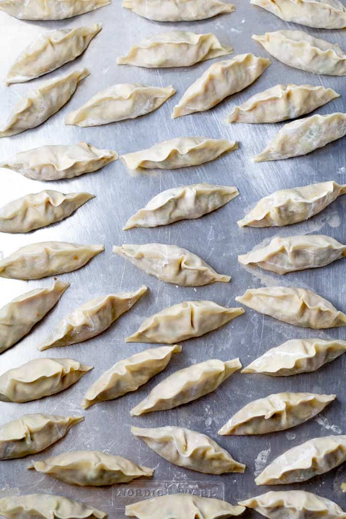 Overhead shot of a sheet pan filled with pork dumplings