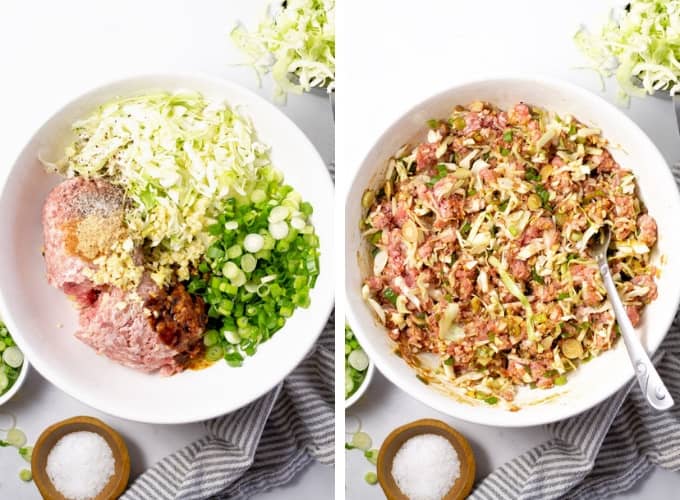 Collage of photos showing how to make pork dumplings
