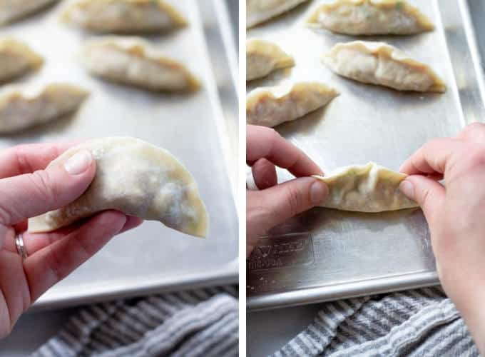 Collage of photos showing how to make pork dumplings