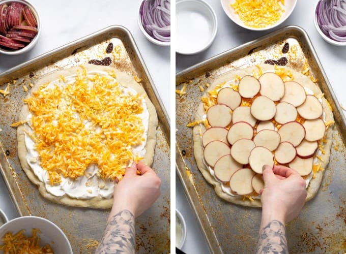 Collage of photos showing how to make loaded baked potato pizza