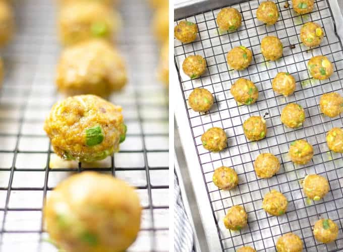 Collage of photos showing what the pork meatballs look like after they're baked