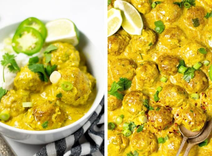 Collage of photos showing the finished dish of pork meatballs with fresh cilantro and green onion