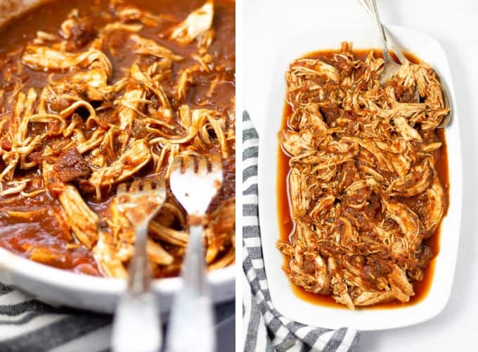 Collage of photos showing shredded chicken breast in salsa