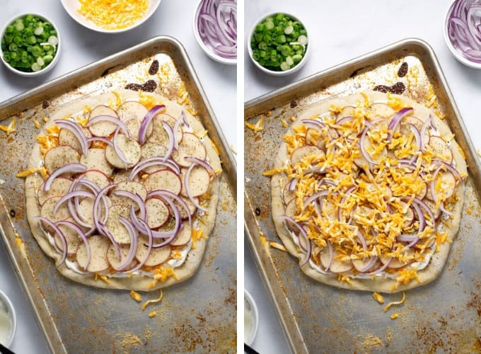 Collage of photos showing how to make loaded baked potato pizza