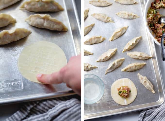Collage of photos showing how to make pork dumplings