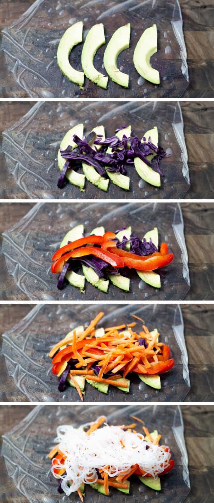 Collage of photos showing how to roll vegetarian spring rolls