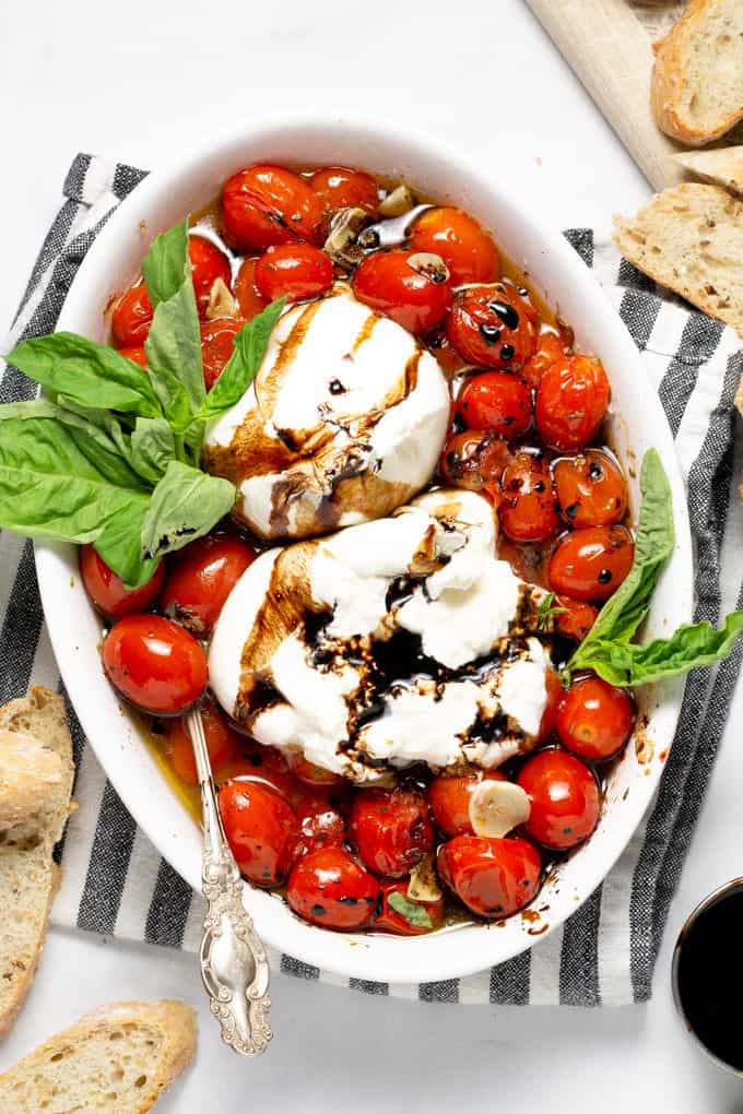 Overhead shot of a white platter filled with roasted tomatoes and burrata garnished with fresh basil 