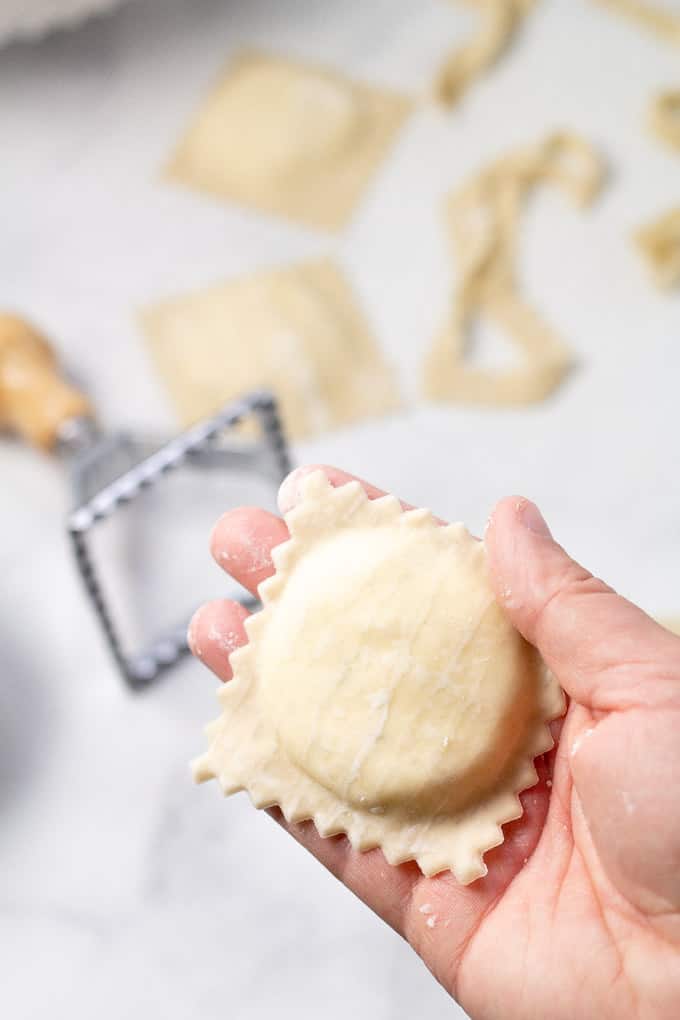 Close up shot of a hand holding homemade wonton ravioli