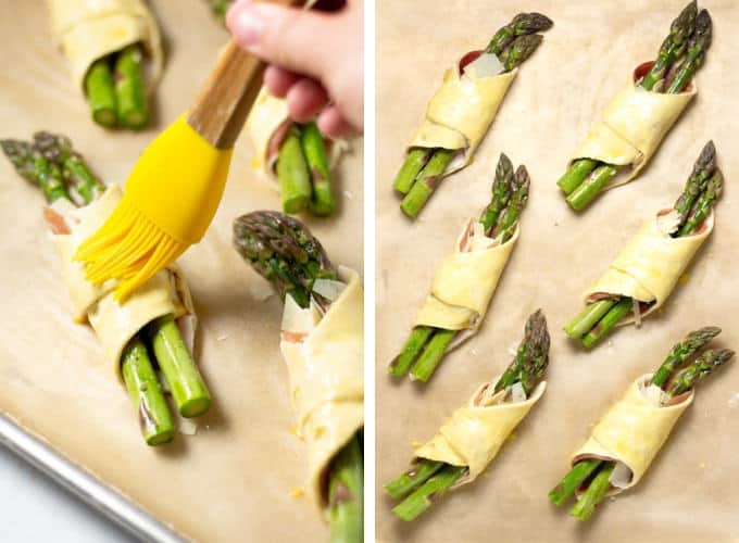 Collage of photos showing how to egg wash the puff pastry bundles