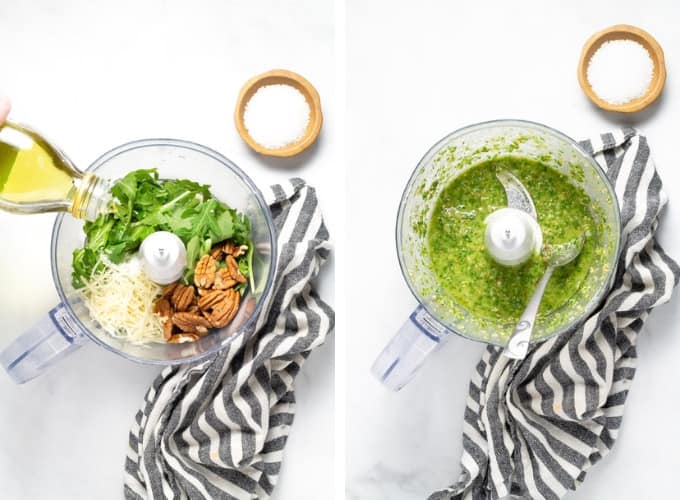 Collage of photos showing how to make arugula pesto