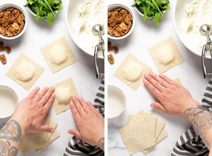 Collage of photos showing how to make wonton ravioli