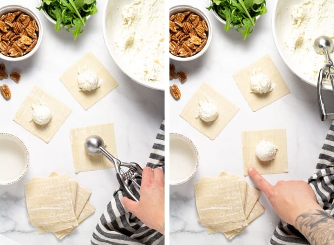 Collage of photos showing how to make wonton ravioli