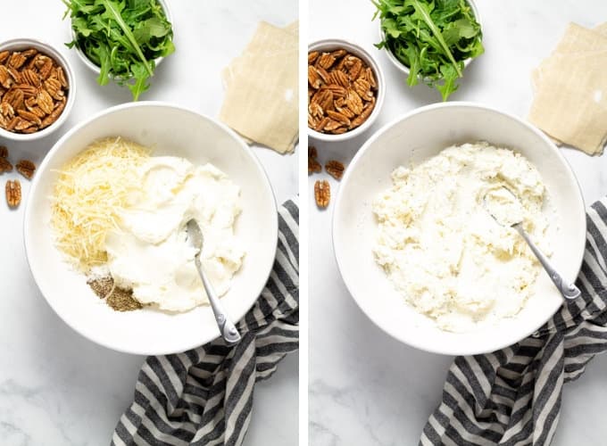 Collage of photos showing how to make wonton ravioli filling