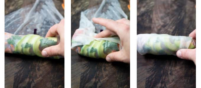 Collage of photos showing how to roll vegetarian spring rolls
